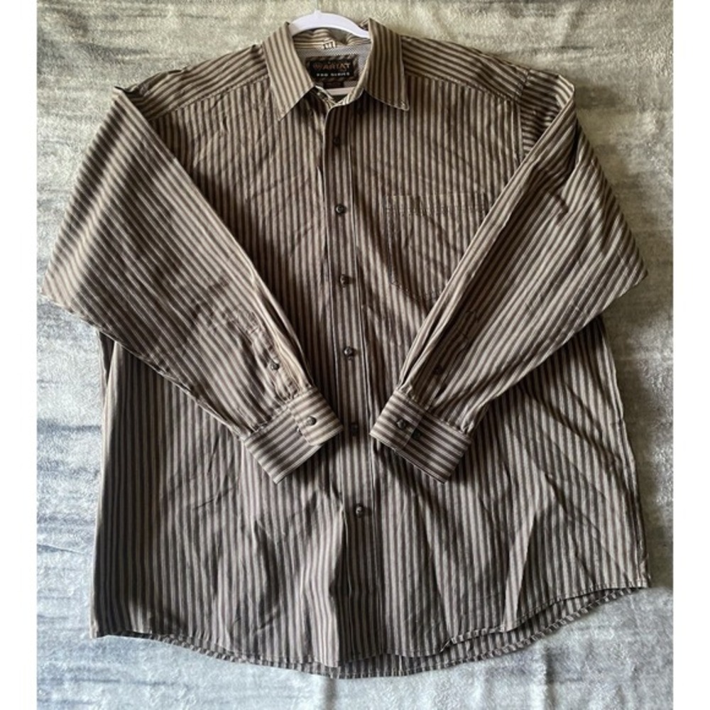 Ariat Pro Series Mens Western Button‎ Down Shirt Brown Striped Long Sleeve XL